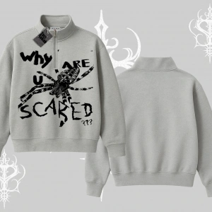 Beyaz Yarım Fermuarlı Sweatshirt Why are u Scared