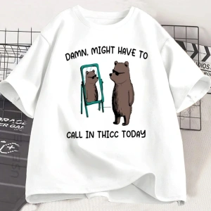 Beyaz Yaz Hayvan Ayı Baskı Temel Saf O-Boyun Üst Tee Ofis an