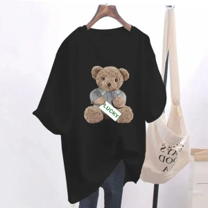 Beyaz Yaz Hayvan Ayı Baskı Temel Saf O-Boyun Üst Tee Ofis an