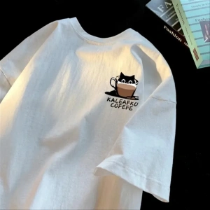 Beyaz Yaz Kahve Basit Temel Gevşek ve Öğrenci Yuvarlak Yaka Y