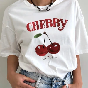 Beyaz Yaz Kiraz Baskı Günlük Beyaz Çok Yönlü Gevşek Yuvarlak Yaka