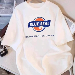 Beyaz Yaz Mavi Mühür Karikatür Baskı Yuvarlak Boyun Sevimli Y2K Stilleri Ra