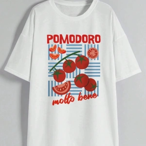 Beyaz Yaz Meyve Domates Mektup Baskı eyaz Baskı Ekip Boyun Üst Tüm Sezon Desen