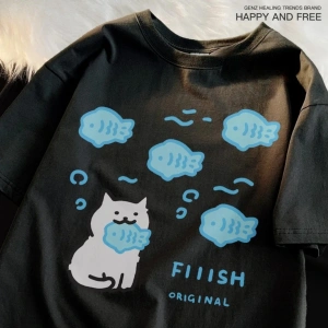 Beyaz Yeme Balık Kedi Küçük Balık Yaz Nefes Eğlence Gevşek Çift Tee Y