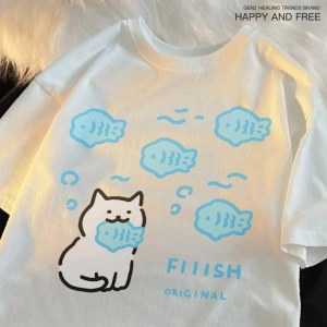 Beyaz Yeme Balık Kedi Küçük Balık Yaz Nefes Eğlence Gevşek Çift Tee Y