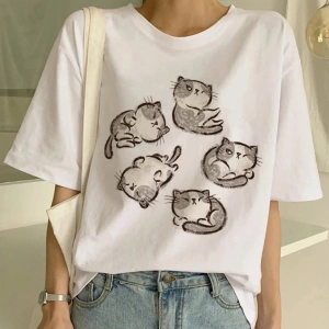 Beyaz Yeni Sevimli Kedi Komik Karikatür Baskı Tshirt Harajuku Kawaii T-shi