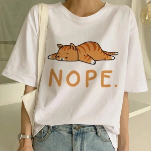 Beyaz Yeni Sevimli Kedi Komik Karikatür Baskı Tshirt Harajuku Kawaii T-shi