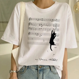 Beyaz Yeni Sevimli Kedi Komik Karikatür Baskı Tshirt Harajuku Kawaii T-shi