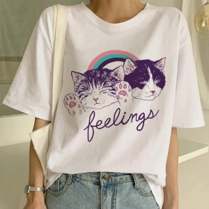 Beyaz Yeni Sevimli Kedi Komik Karikatür Baskı Tshirt Harajuku Kawaii T-shi