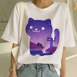 Beyaz Yeni Sevimli Kedi Komik Karikatür Baskı Tshirt Harajuku Kawaii T-shi