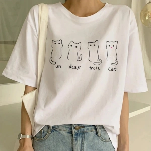 Beyaz Yeni Sevimli Kedi Komik Karikatür Baskı Tshirt Harajuku Kawaii T-shi