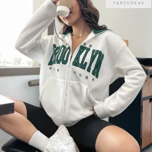 Beyaz Yeşil Kapüşonlu Fermuarli Brooklyn Oversize