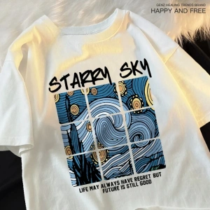 Beyaz Yıldızlı Gökyüzü Mavi Galaxy kıyafetleri Gevşek Üstleri Yaratıcılık T