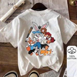 Beyzbol Tavşan & Tilki & Kaplan & Corgi Baskılı Yazlık Bayan %100 Pamuk Kısa Kollu, Beyaz Üst