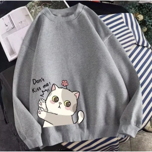 Bisiklet Yaka Dont Kıss Me Kedicik Baskılı Tam Kışlık Kalın Oversize Kadın Sweatsh Beyaz