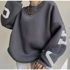 Bisiklet Yaka New York Baskılı Süper Oversize Sokak Stili Kadın Sweatshırt LDYCHC10 Beyaz