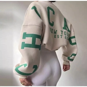 Bisiklet Yaka New York Baskılı Süper Oversize Sokak Stili Kadın Sweatshırt LDYCHC10 Beyaz