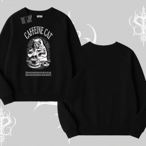 Biskilet Sweatshirt Caffeine Cat Kahve Temalı Kedi Baskılı