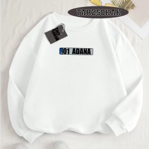 Biskilet Yaka Sweatshirt Beyaz 01 Adana Özel Tasarım Plaka Detaylı