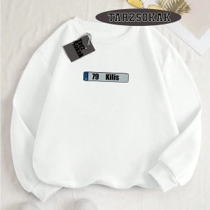 Biskilet Yaka Sweatshirt Beyaz 79 Kilis Özel Tasarım Plaka Detaylı
