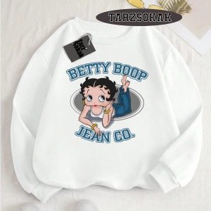 Biskilet Yaka Sweatshirt Beyaz Betty Boop Özel Tasarım