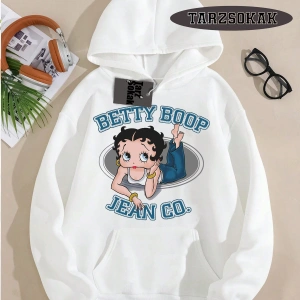 Biskilet Yaka Sweatshirt Beyaz Betty Boop Özel Tasarım