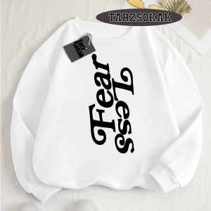 Biskilet Yaka Sweatshirt Beyaz Fear Less Özel Tasarım