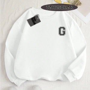 Biskilet Yaka Sweatshirt Beyaz G HARFİ İSME Özel Tasarım