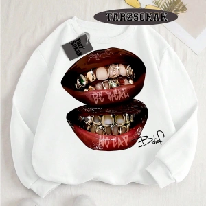 Biskilet Yaka Sweatshirt Beyaz Grillz Tee Özel Tasarım