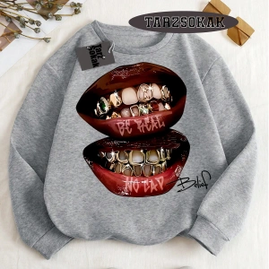 Biskilet Yaka Sweatshirt Beyaz Grillz Tee Özel Tasarım
