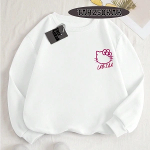 Biskilet Yaka Sweatshirt Beyaz LABZA HELLO KİTTY Özel Tasarım