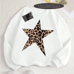 Biskilet Yaka Sweatshirt Beyaz Leopar Yıldız Özel Tasarım