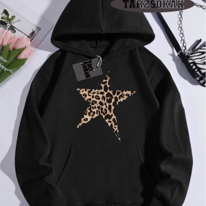 Biskilet Yaka Sweatshirt Beyaz Leopar Yıldız Özel Tasarım