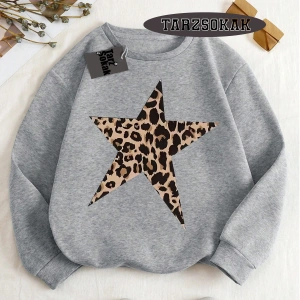 Biskilet Yaka Sweatshirt Beyaz Leopar Yıldız Özel Tasarım