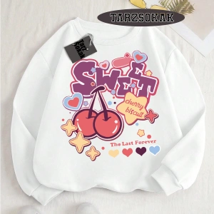 Biskilet Yaka Sweatshirt Beyaz Melodies Kiraz Özel Tasarım