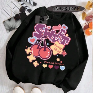 Biskilet Yaka Sweatshirt Beyaz Melodies Kiraz Özel Tasarım