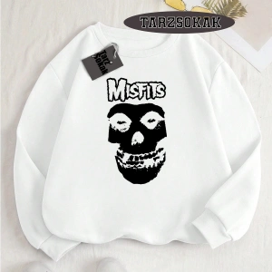 Biskilet Yaka Sweatshirt Beyaz Misfits Punk Özel Tasarım