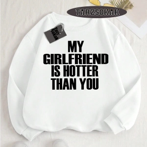 Biskilet Yaka Sweatshirt Beyaz My Girlfriend Özel Tasarım