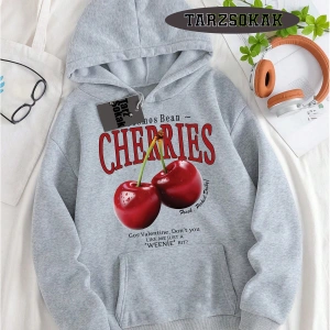 Biskilet Yaka Sweatshirt Beyaz Red Cherries Özel Tasarım