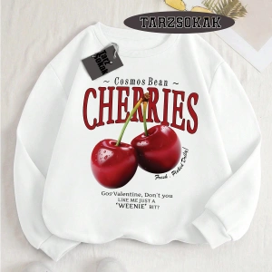 Biskilet Yaka Sweatshirt Beyaz Red Cherries Özel Tasarım