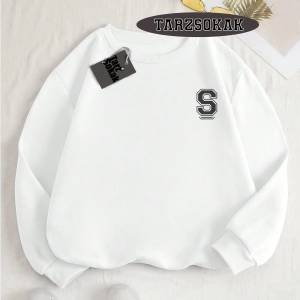 Biskilet Yaka Sweatshirt Beyaz Ş HARFİ İSME Özel Tasarım