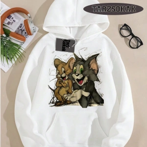Biskilet Yaka Sweatshirt Beyaz Tom And Jerry Cartoons Özel Tasarım