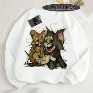 Biskilet Yaka Sweatshirt Beyaz Tom And Jerry Cartoons Özel Tasarım