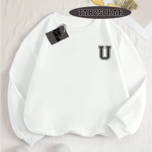 Biskilet Yaka Sweatshirt Beyaz U HARFİ İSME Özel Tasarım