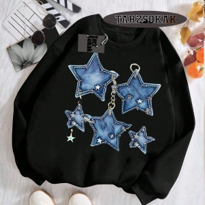 Biskilet Yaka Sweatshirt Beyaz YILDIZ DESENLİ Özel Tasarım