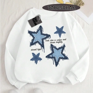 Biskilet Yaka Sweatshirt Beyaz YILDIZ DESENLİ Özel Tasarım