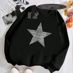 Biskilet Yaka Sweatshirt Beyaz YILDIZ DESENLİ Özel Tasarım