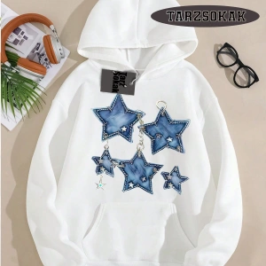 Biskilet Yaka Sweatshirt Beyaz YILDIZ DESENLİ Özel Tasarım