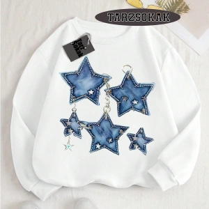 Biskilet Yaka Sweatshirt Beyaz YILDIZ DESENLİ Özel Tasarım