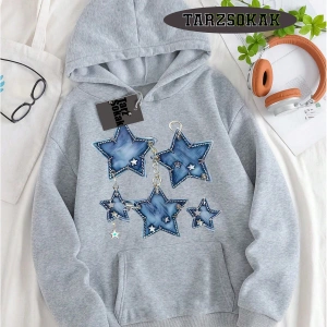 Biskilet Yaka Sweatshirt Beyaz YILDIZ DESENLİ Özel Tasarım